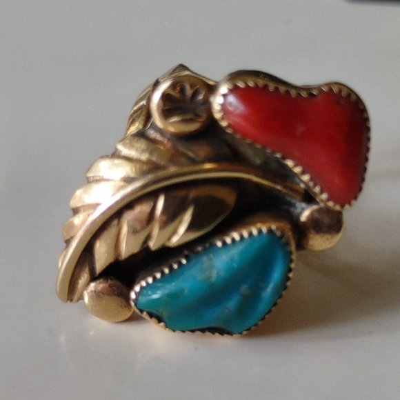 Ben Eustace Sterling Silver Carved Turquoise, Coral Floral Leaf Ring Size: 6 - Picture 3 of 10